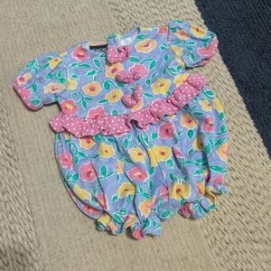 Vintage 90s Floral Bubble Romper Ruffles Bows Girls 9 Months